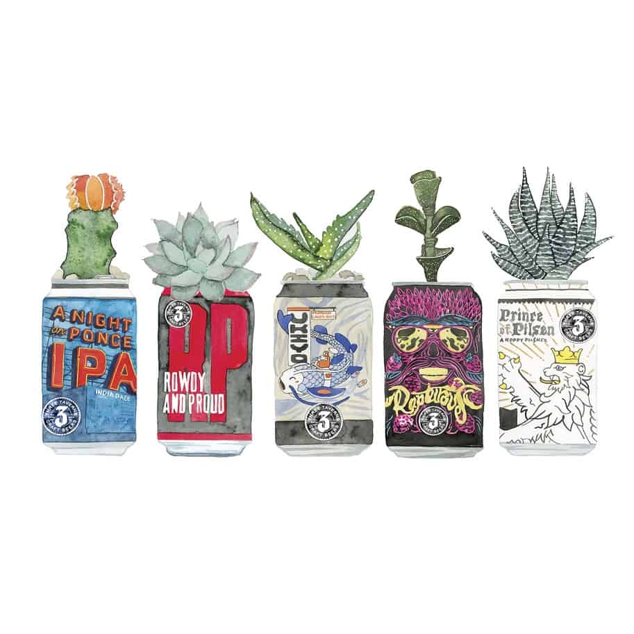 watercolor three taven beer cans with succulents inside art print