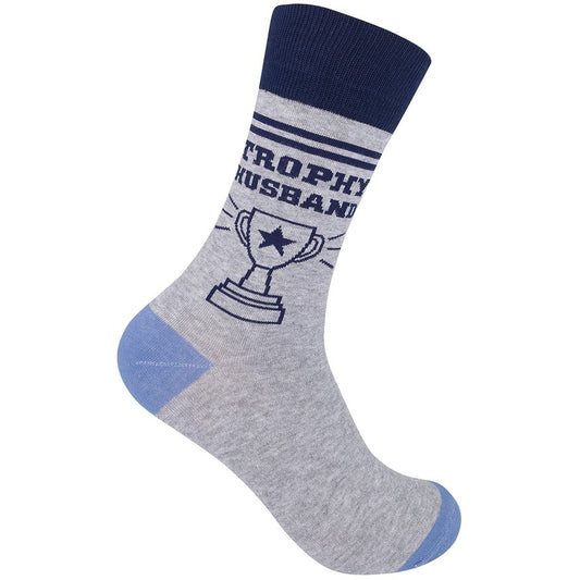 Socks with a trophy image that say Trophy Husband