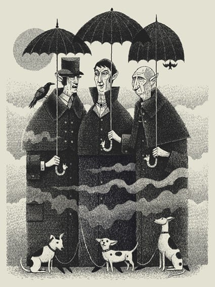 black and white screenprinted art print of vampires walking dogs