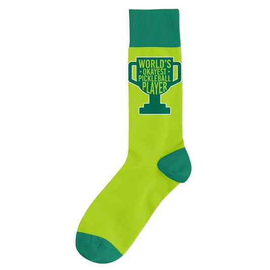 Lime Green Socks with a trophy image that say World's Okayest Pickleball Player